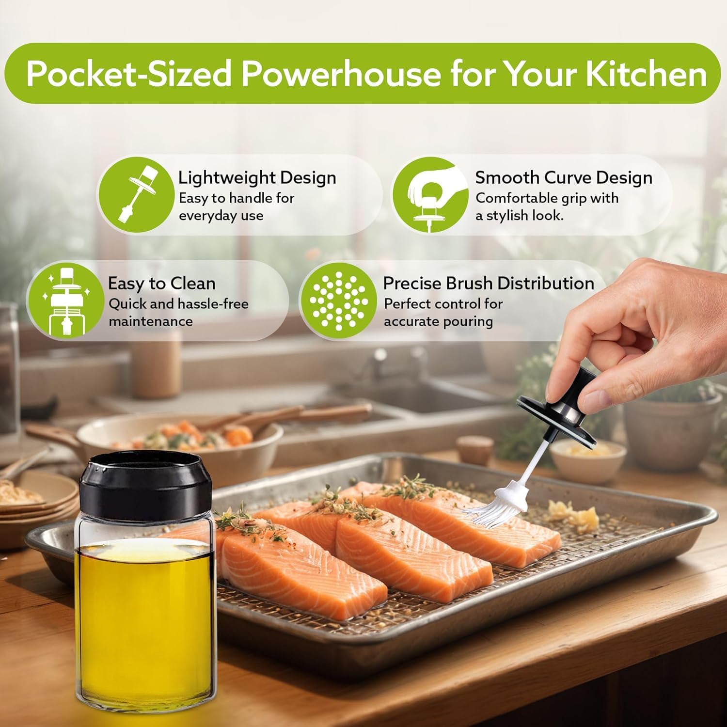 Clear Glass Oil Dispenser Bottle with Integrated Silicone Basting Brush (250ml Approx) Clear Glass Oil Dispenser Bottle with Integrated Silicone Basting Brush (250ml Approx)